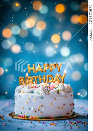 Colorful birthday cake decorated with sprinkles and cheerful candles 121273670