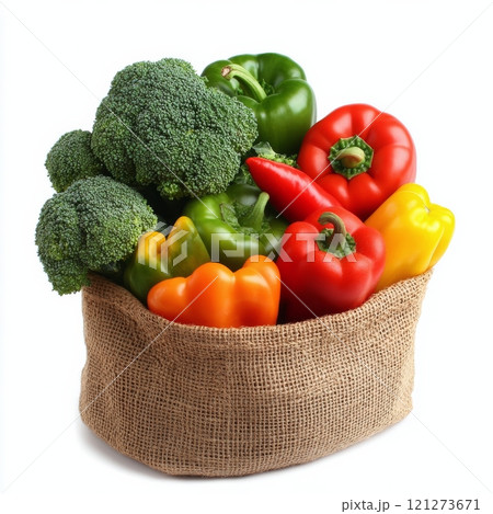 Fresh vegetables gathered in a burlap sack showcasing vibrant colors and rich textures 121273671