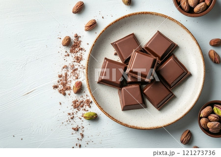Rich dark chocolate bars surrounded by pistachios on a rustic wooden table 121273736