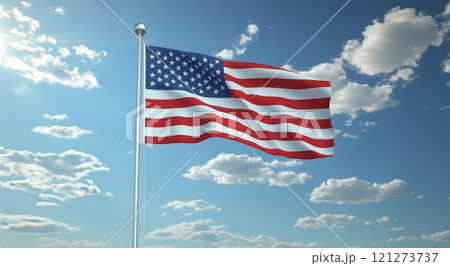 American flag waving against a clear blue sky with white fluffy clouds 121273737