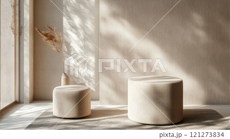 Minimalist display of round stone pedestals with soft shadows in a modern interior space 121273834
