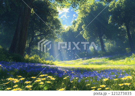 Sunlight filtering through trees onto a vibrant meadow filled with wildflowers 121273835