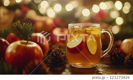 Warm drink with apple slices and pine cones among festive decorations in winter setting 121273926