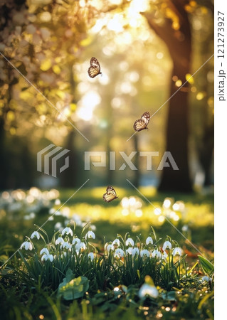 Butterflies fluttering among blooming snowdrops in a sunlit forest glade during springtime 121273927