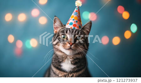 Happy cat wearing a party hat with colorful lights in the background during a celebration Happy cat wearing a party hat with colorful lights in the background during a celebration 121273937