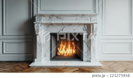 Elegant marble fireplace with a roaring fire in a stylish living room setting 121273938