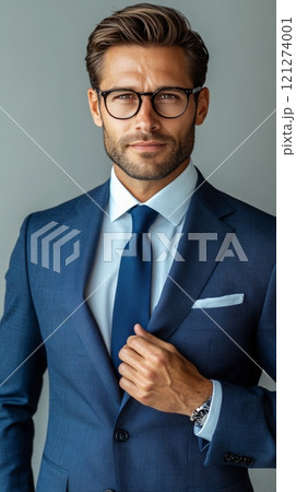 Confident man wearing a suit and glasses poses against a dark background in a stylish manner 121274001