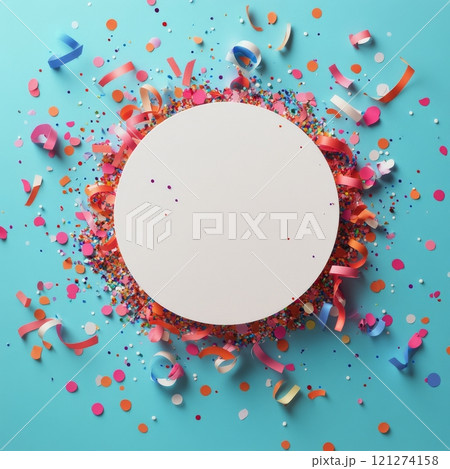 Colorful party decorations surrounding a blank circular plate on a blue background 121274158