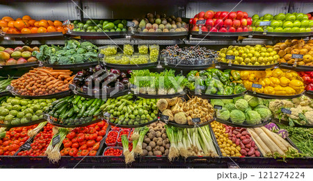 Neatly organized assortment of vibrant fresh fruits and vegetables in grocery store fresh Fruits and Vegetables section Neatly organized assortment of vibrant fresh fruits and vegetables in grocery store fresh Fruits and Vegetables section 121274224