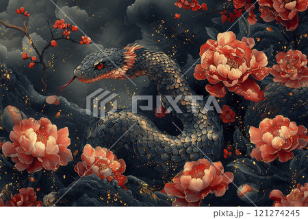 Oriental traditional card with snake, oriental, chinese New Year. AI generative 121274245