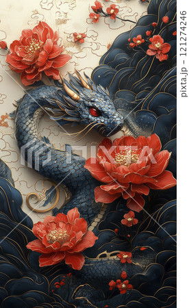 Oriental traditional card with snake, oriental, chinese New Year. AI generative 121274246