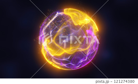 Vibrant yellow and purple energy sphere with glowing light trails and intricate patterns futuristic background Vibrant yellow and purple energy sphere with glowing light trails and intricate patterns futuristic background 121274380