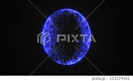A blue sphere dotted with lights, floating in a dark expanse, reminiscent of a celestial body in a distant galaxy, highlighting abstract and digital art elements 121274381