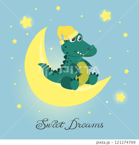 Cute little crocodile on the moon. Sweet dreams poster for kids Cute little crocodile on the moon. Sweet dreams poster for kids 121274709