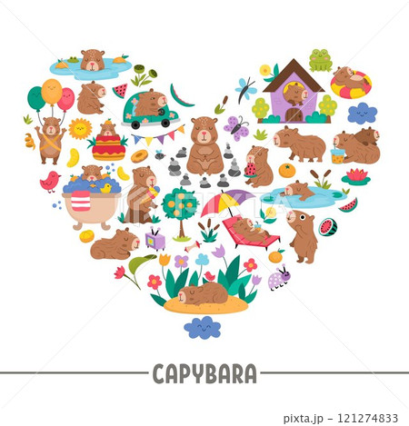 Vector capybara heart shaped frame with relaxed animals, frog, tangerines, fruit, flowers, butterfly. Capibara card template design for banners, invitations. Cute illustration with guinea pigs 121274833