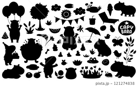 Big vector capybara silhouettes set. Cute shadow capibara animals collection with bath, fruit, reeds, birds. Funny guinea pigs stamps meditating, sleeping, relaxing, having fun 121274838
