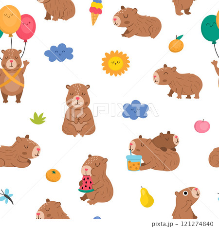 Vector capybara seamless pattern. Cute capibara repeat background with sun, clouds, balloons, tangerines. Funny digital paper with meditating, sleeping, relaxing, eating animals 121274840