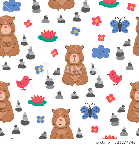Vector capybara seamless pattern. Cute capibara repeat background with stone garden, clouds, flowers, butterflies. Funny digital paper with meditating, relaxing animal 121274845