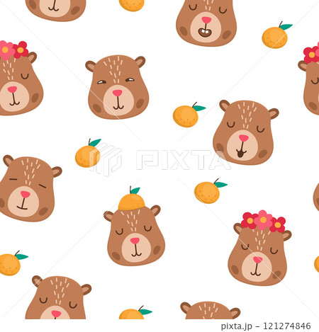 Vector capybara seamless pattern. Cute repeat background with happy, excited, relaxed capibara heads. Funny digital paper with cute animal faces showing different positive emotions 121274846