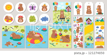 Cute capybara cards set with bath, fruit, reeds, birds. Vector cartoon capibara square, round, vertical print templates. Cute design for tags, postcards, ads with relaxing, meditating animals 121274850