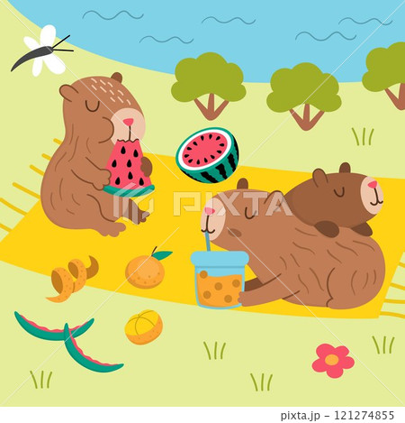 Vector capybara landscape illustration. Cute square scenery with capibaras sitting on each other and drinking bubble tea and eating watermelon near the pond. Funny scene with adorable animals 121274855