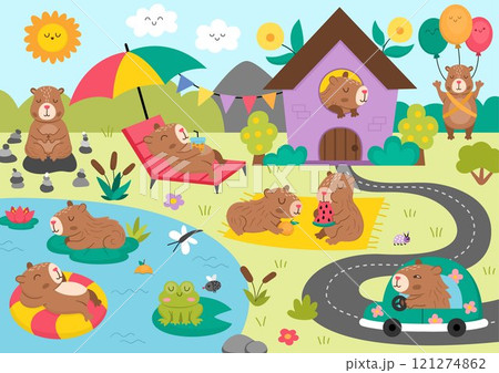 Vector capybara landscape illustration. Cute scenery with capibaras, pond, garden, house. Funny detailed scene with adorable animals swimming, relaxing, meditating. Happy land picture for kids 121274862