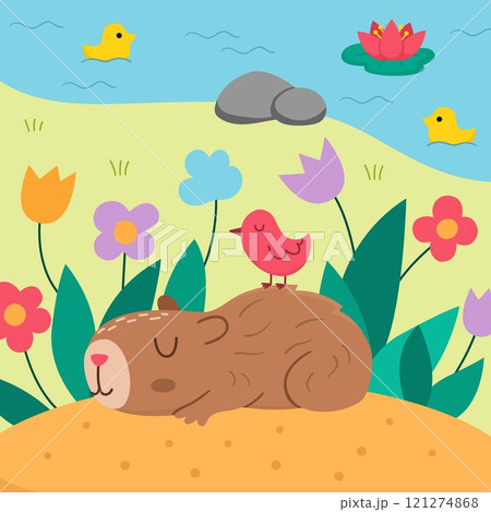 Vector capybara landscape illustration. Cute square scenery with capibara sleeping on flower clearing with closed eyes and bird on his back. Funny scene with adorable animal Vector capybara landscape illustration. Cute square scenery with capibara sleeping on flower clearing with closed eyes and bird on his back. Funny scene with adorable animal 121274868