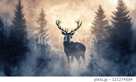 Deer forest double exposure, wildlife adventure poster, digital composite wilderness 121274884