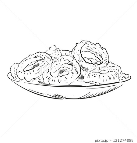 Onion rings, hand drawn fast food vector illustration. Snack for design pub in vintage engraved style. Doodle sketch. Great for menu, poster or label, restaurant or cafe 121274889