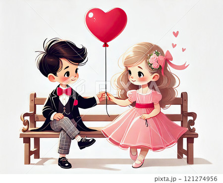 A boy gives a girl a heart-shaped balloon. Greeting card for Valentine's Day 121274956