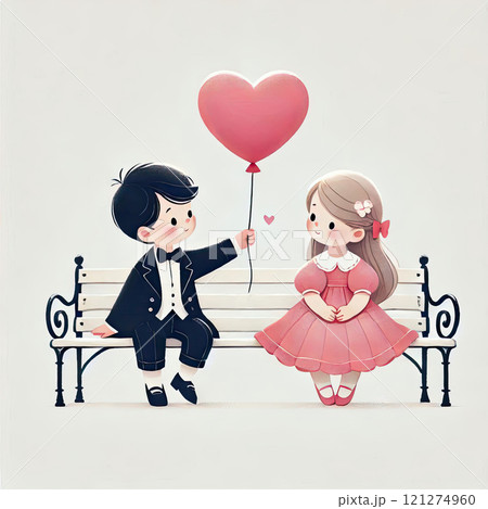 A boy gives a girl a heart-shaped balloon. Greeting card for Valentine's Day 121274960