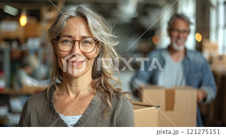 Moving. happy middle-aged couple moving boxes into new home, with woman wearing glasses and smiling at camera. man is carrying two large cardboard boxes behind them in an office setting. 121275151