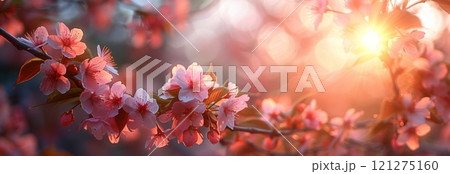 In the evening, cherry blossoms blooming in full bloom under sunset light, with branches covered in pink flowers and green leaves. In the evening, cherry blossoms blooming in full bloom under sunset light, with branches covered in pink flowers and green leaves. 121275160