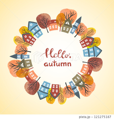 Autumn city vector illustration. Circle frame with watercolor houses and autumn trees 121275187