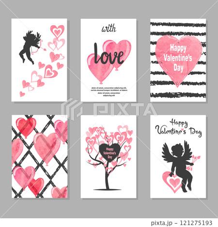 Set of Valentine's day greeting cards with hearts and cupids. Love vector illustration Set of Valentine's day greeting cards with hearts and cupids. Love vector illustration 121275193