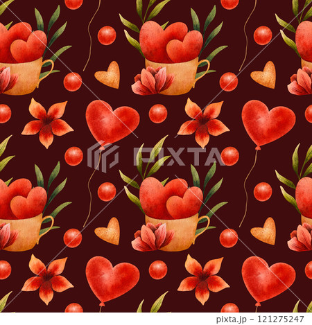 watercolor seamless pattern featuring red hearts, flowers, balloons, and green leaves, symbolizing love and romance. Perfect for Valentine's Day cards, wrapping paper, and festive designs watercolor seamless pattern featuring red hearts, flowers, balloons, and green leaves, symbolizing love and romance. Perfect for Valentine's Day cards, wrapping paper, and festive designs 121275247