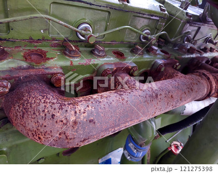 Diesel Engine of an Electric Generator With a Flue Gas Outlet Collector During Maintenance 121275398