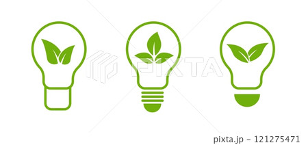 Light bulb with a green leaf symbolizing renewable energy. 121275471