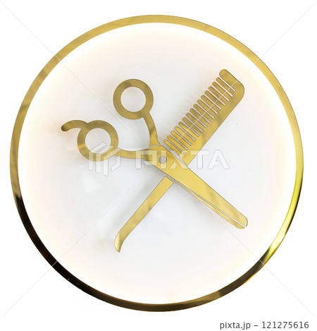 Minimalist Gold Hairdressing Scissors and Comb Icon. Logo Golden Hairdressing Tools on White Background. Minimalist Gold Hairdressing Scissors and Comb Icon. Logo Golden Hairdressing Tools on White Background. 121275616