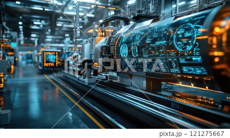 Futuristic industrial factory with high-tech machinery and digital interface display in manufacturing environment 121275667