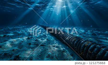 Underwater view of submarine cable on ocean floor with sunlight streaming through water 121275668