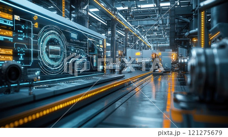 Futuristic automated factory interior with advanced robotics and digital interfaces 121275679