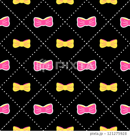 Elegant seamless pattern with yellow and pink bow ties on black background 121275928