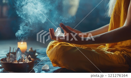 Person Meditating With Crystals And Incense Person Meditating With Crystals And Incense 121276164