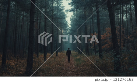 Person Walking Through A Dark Forest 121276168