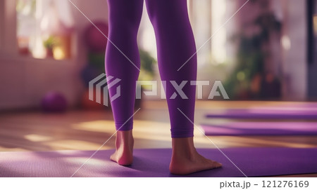 Person Wearing Purple Leggings At A Yoga Class 121276169