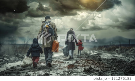 The Long Journey of Refugees Trekking Along the Train Tracks in a Distant, Unfamiliar Land 121276182
