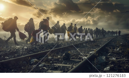 The Long Journey of Refugees Trekking Along the Train Tracks in a Distant, Unfamiliar Land The Long Journey of Refugees Trekking Along the Train Tracks in a Distant, Unfamiliar Land 121276183