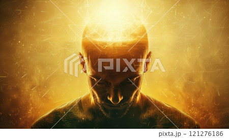 Man With Glowing Head And Face Radiating Light 121276186