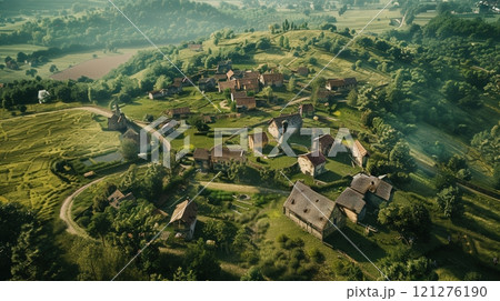 Medieval European Village Farmland Aerial View 121276190